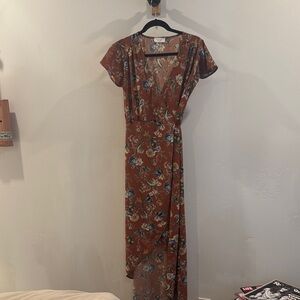 Sage The Label Floral Wrap Dress in Brown with flowers size M